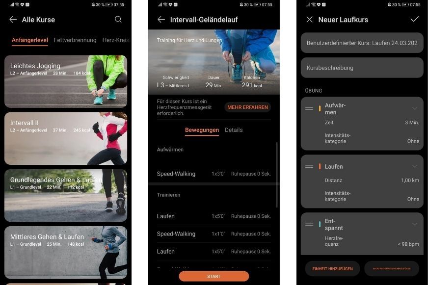 Предварительно загруженные планы тренировок можно посмотреть в приложении Huawei Health